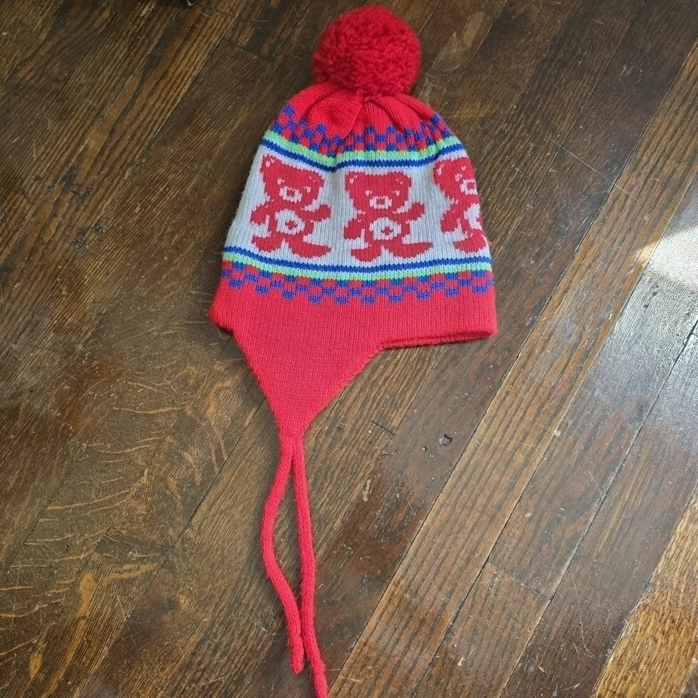 Vintage 80s West Hill Kids Red Knit Teddy Bear Pom Pom Ski Winter Hat